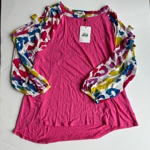 Adora Top Cold Shoulder Rainbow Leopard Print Pink Women Large